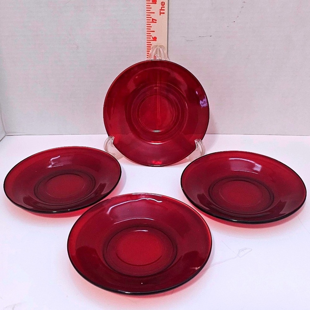 Anchor Hocking Baltic Ruby Red Glass Saucers Set of 4 Vintage Mid Century 6 inch